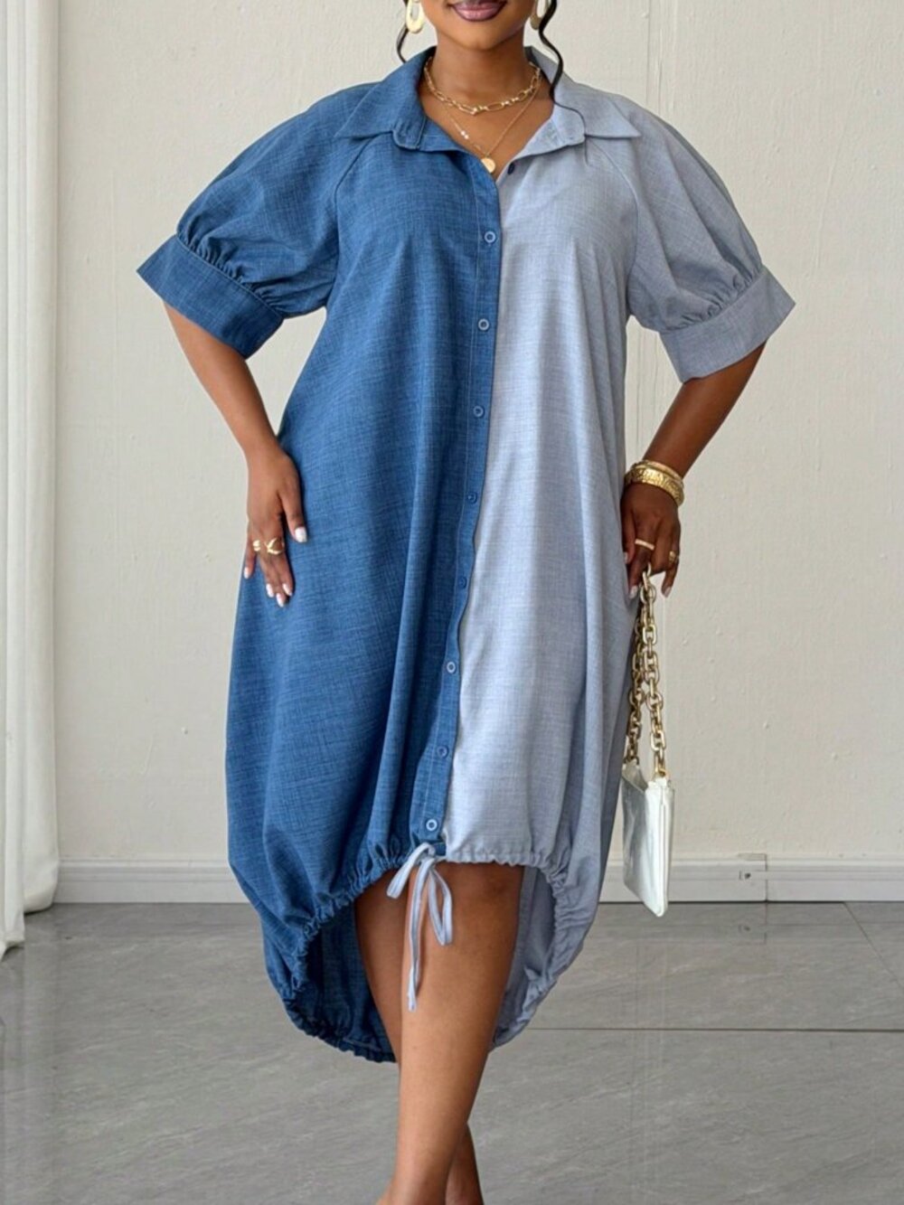 Blue Casual Women's Plus Size Short Sleeve Single-Breasted Shirt Dress - Picture 4 of 6